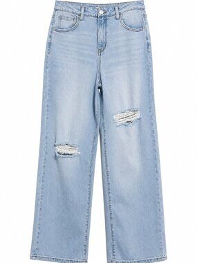 NEW size 9 jeans. "Super High Rise Wide Leg" long blue pants.  Distressed denim